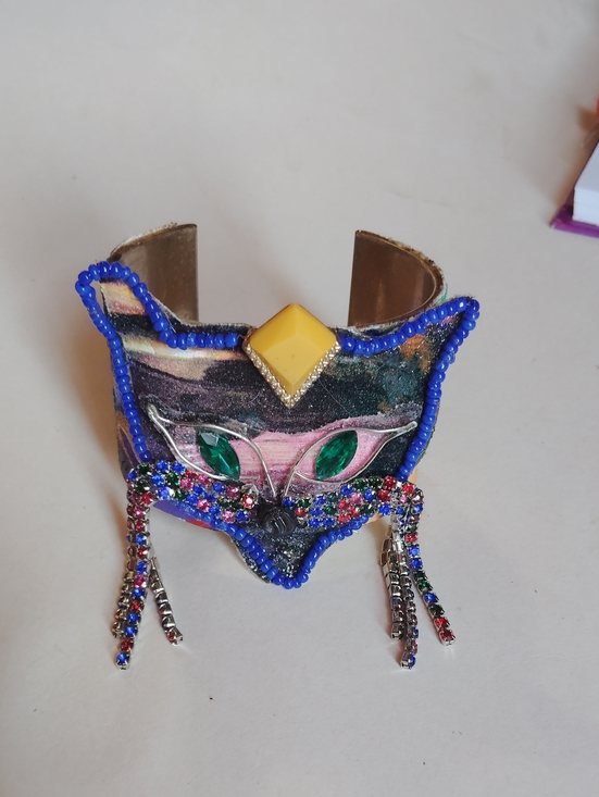 Handmade Accessories - Handmade Mardi Gras Cat Face Mask Statement Bracelet Wrist Cuff Colorful